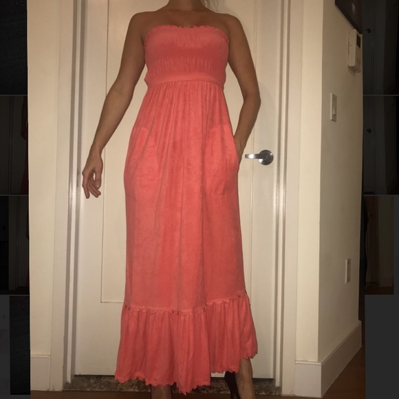 PLUSH & LUSH CORAL STRAPLESS TERRYCLOTH MAXI DRESS - Picture 1 of 4